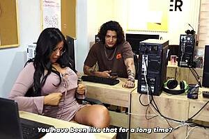 Big-assed brunette secretary bends for boss's son pounding in office for advantage