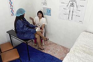 Beautiful big-bootied doctor fingers and licks busty milf patient's wet pussy to orgasm