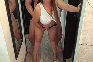 The horny roommate milf bounces against the mirror then gulps down a hot cumshot finish