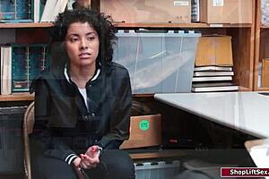 officer pounds busty latina shoplifter's tight pussy at work