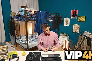 Vip4k. Russian Granny Teacher Fills All Holes in MMF Dorm Stockings Fuck