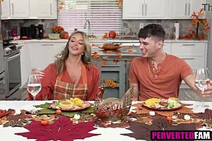 stepmom spreads shaved pussy for thanksgiving cock on the table