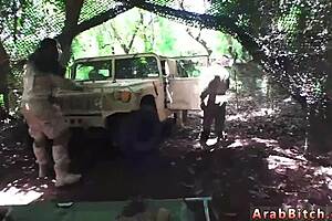 Blonde milf gives outdoor blowjob in army uniform setting