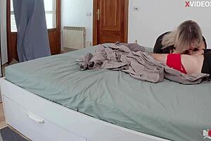 StepMom gifts me blowjob and pussy fuck then takes my creampie load