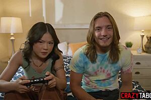 little asian stepsister lulu chu spots stepbro stroking to busty milf stepmom