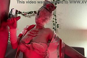 a sexy silent hill nurse in lingerie cosplay visits for halloween taboo fucking and blowjob