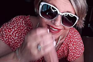 horny stepmommy slut flashes pantyhose pussy, gives stepson pov blowjob handjob facial